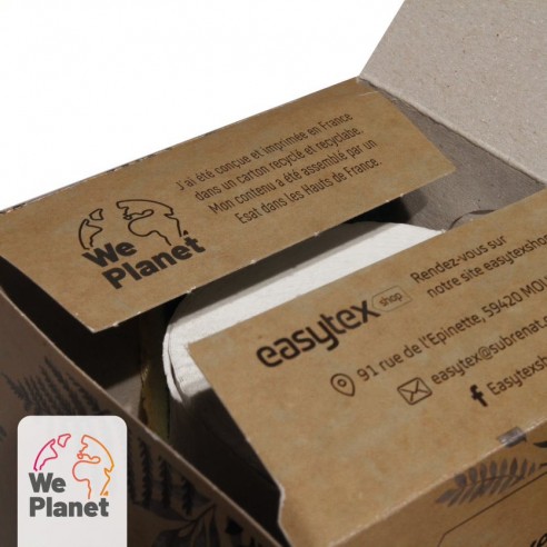 Zoom boîte carton issue du recyclage et imprimée en France